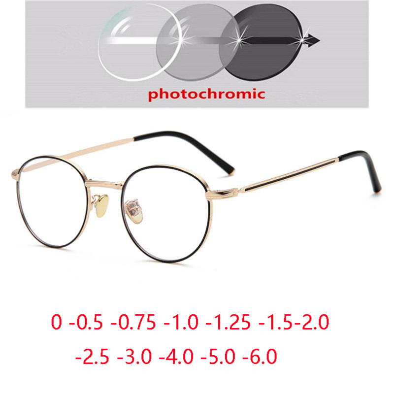 Blue Light รอบแว่นตาสายตาสั้นโลหะ Vintage Photochromic สีเทา Diopter แว่นตา Prescription 0 -0.5 -0.75-6
