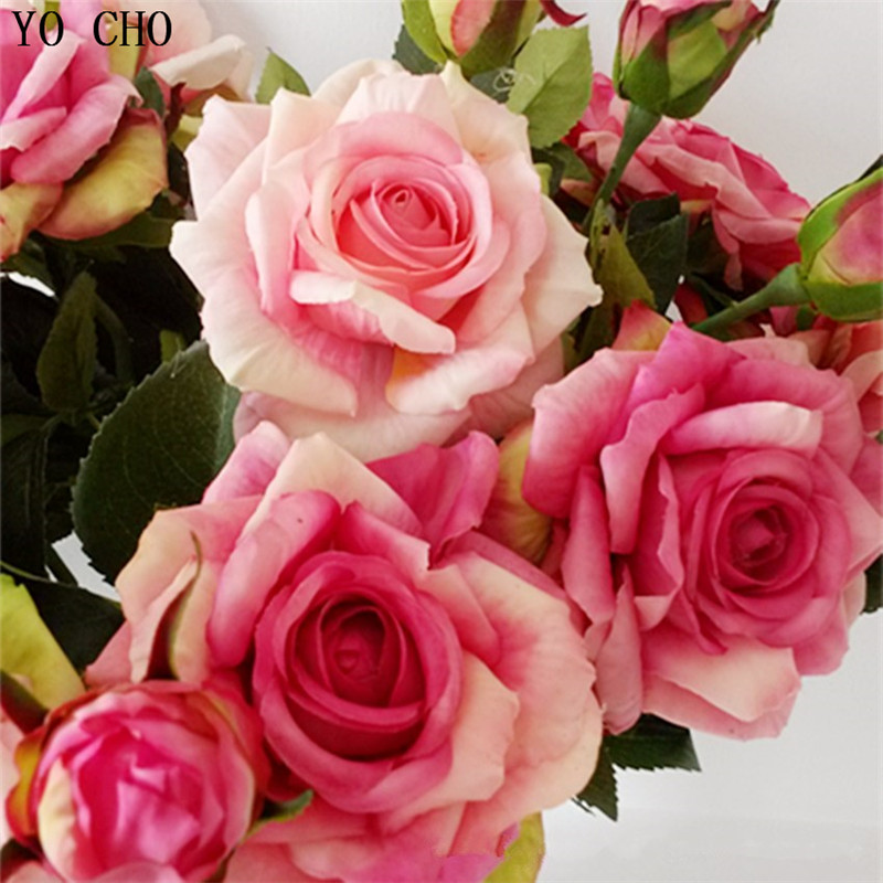 YO CHO สีชมพู Rose Silk Wedding Bouquet ดอกไม้ Mariage DIY เจ้าสาวดอกไม้ Latex ประดิษฐ์ Rose Bouquets สําหรับเพื่อนเจ้าสาว Decor
