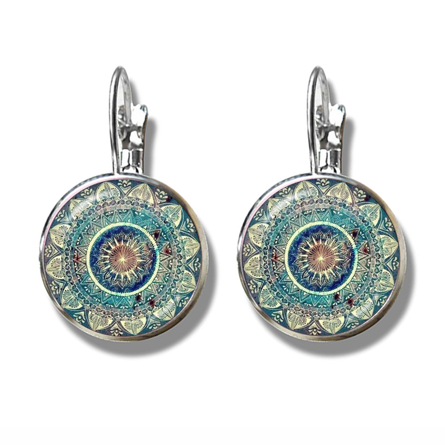 Pendientes con dije de imagen artística de Mandala, cristal de Henna, símbolo Om de Yoga, budismo Zen, cabujón de cristal, joyería para mujeres y niñas, regalo