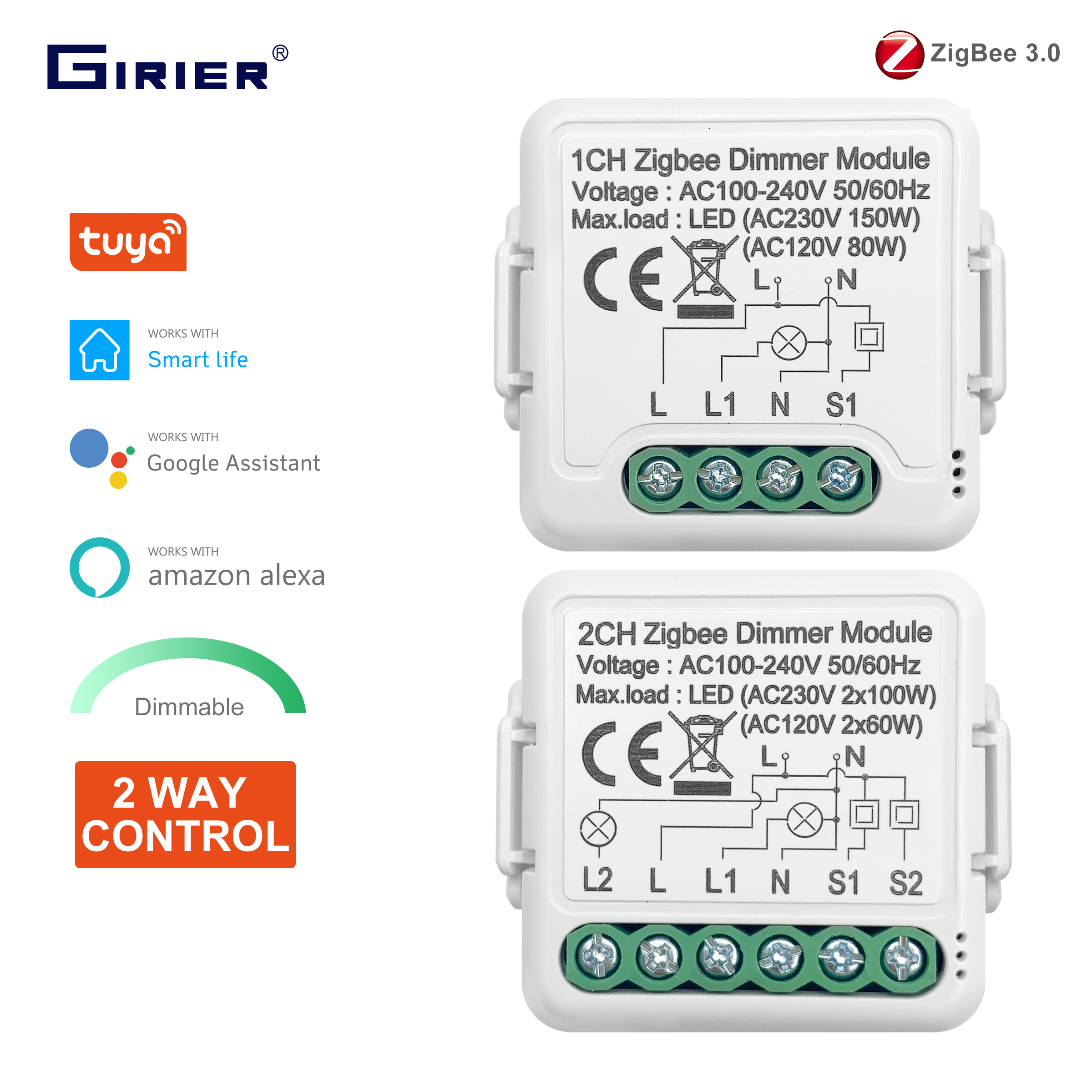 Модуль умного диммера GIRIER Tuya ZigBee 3.0, поддерживает двухстороннее управление с регулируемой яркостью, работает с Alexa Google Home