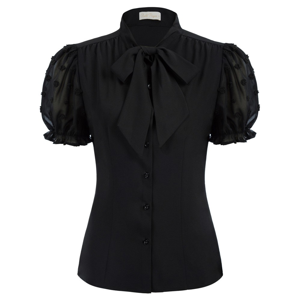 Camisas de moda Vintage de verano para mujer, camisetas de manga corta con cuello alto y lazo decorado, lisas, elegantes y ajustadas para fiesta y oficina OL