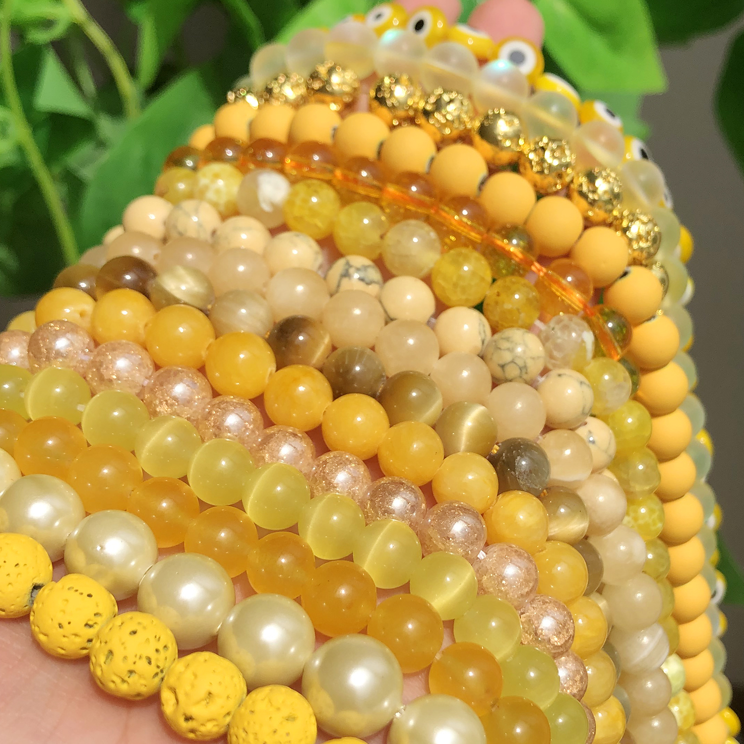 Natural Stone Beads Yellow Jades Agates Gold Plated Hematite Round Loose Mineral Beads for Jewelry Making DIY Handmade Bracelet