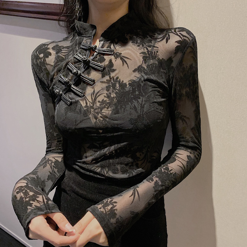 Chemise à col roulé en dentelle transparente pour filles, t-shirts féminins, style chinois, manches longues, chemisiers noirs vintage, Y-pour femmes