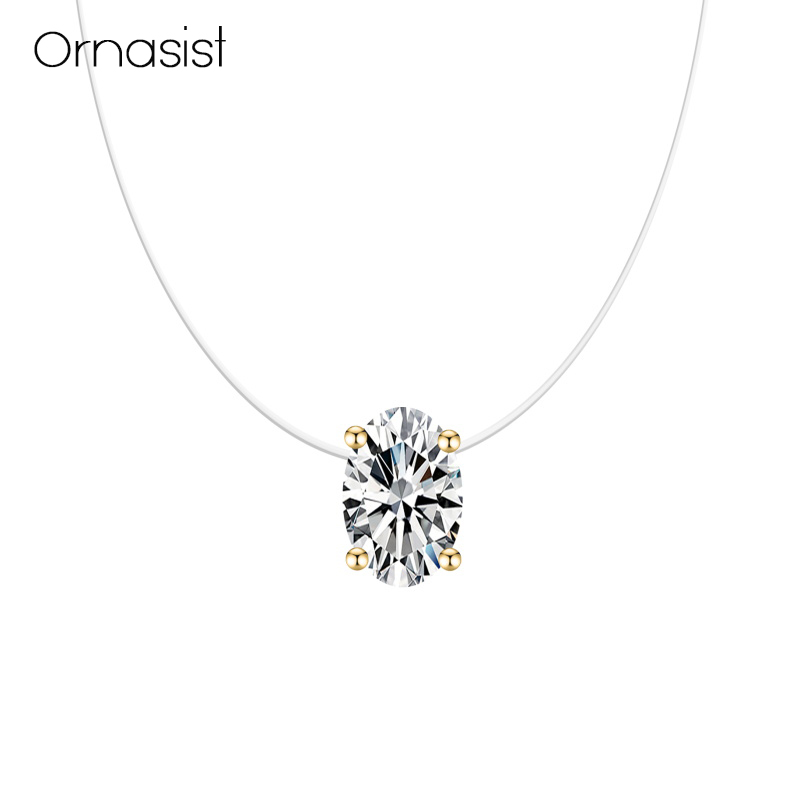 Collier de luxe en Zircon ovale AAA pour femmes, ligne de pêche transparente Invisible, ras du cou, pendentif Ellipse