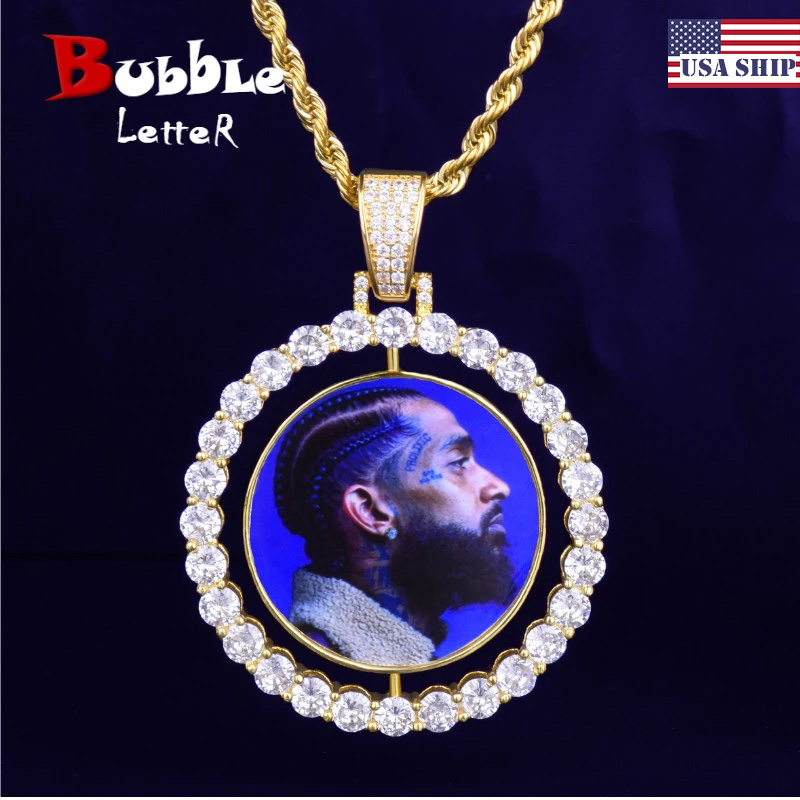 Bubble Letter Benutzerdefinierte Foto-Halskette für Männer, rotierende doppelseitige Medaillons, drehender Anhänger, Hip-Hop-Schmuck