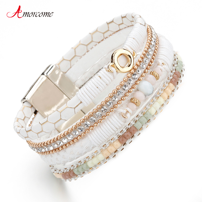 Gelang Kulit Putih Amorcome untuk Wanita Berlian Imitasi Kristal Logam Jimat Lebar Multilapis Wrap Gelang & Gelang Perhiasan