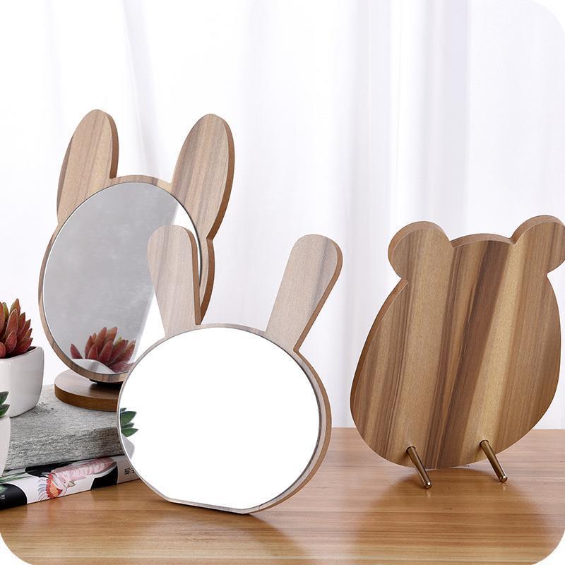 Cermin Meja Rias Desktop Lipat Berdiri DIY Cermin Berbentuk Kartun Buatan Tangan Cermin Kompak Telinga Kucing Cermin Meja Kayu Portabel Lucu