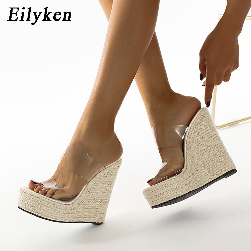 Eilyken Zomer PVC Transparant Peep Toe Riet Stro Geweven Slippers Platform Wiggen Sandalen Damesmode Hoge Hakken Vrouwelijke Schoenen