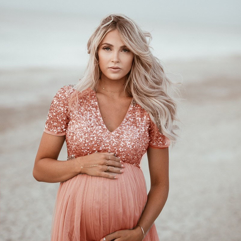 Robe de Bal en Coton et Tulle à Paillettes pour Femme Enceinte, Tenue Longue pour Séance Photo, Accessoire de Photographie