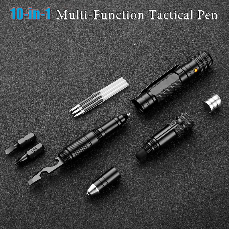 10 Trong 1 Tự Vệ Bút Chiến Thuật Khẩn Cấp Đèn Pin Tua Vít Mở Chai Cửa Sổ Phá Cứu Sinh Công Cụ EDC quà Tặng