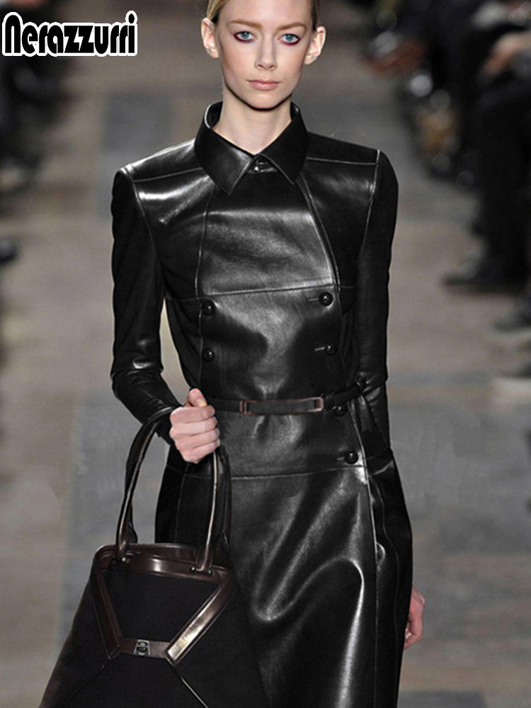 Nerazzurri-gabardina larga de cuero negro para mujer, abrigo de manga larga con doble botonadura, ropa elegante de moda británica, otoño, 2021