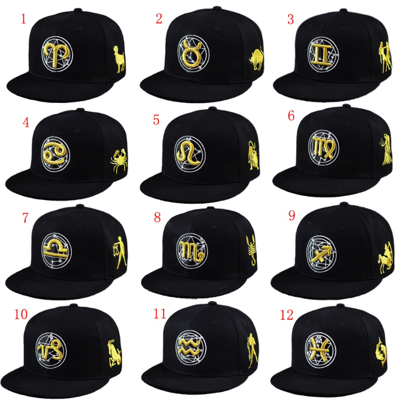 Masculino feminino 12 constellation ouro bordado padrão viseira plana algodão suncap hip hop boné de beisebol tamanho ajustável estilo rua