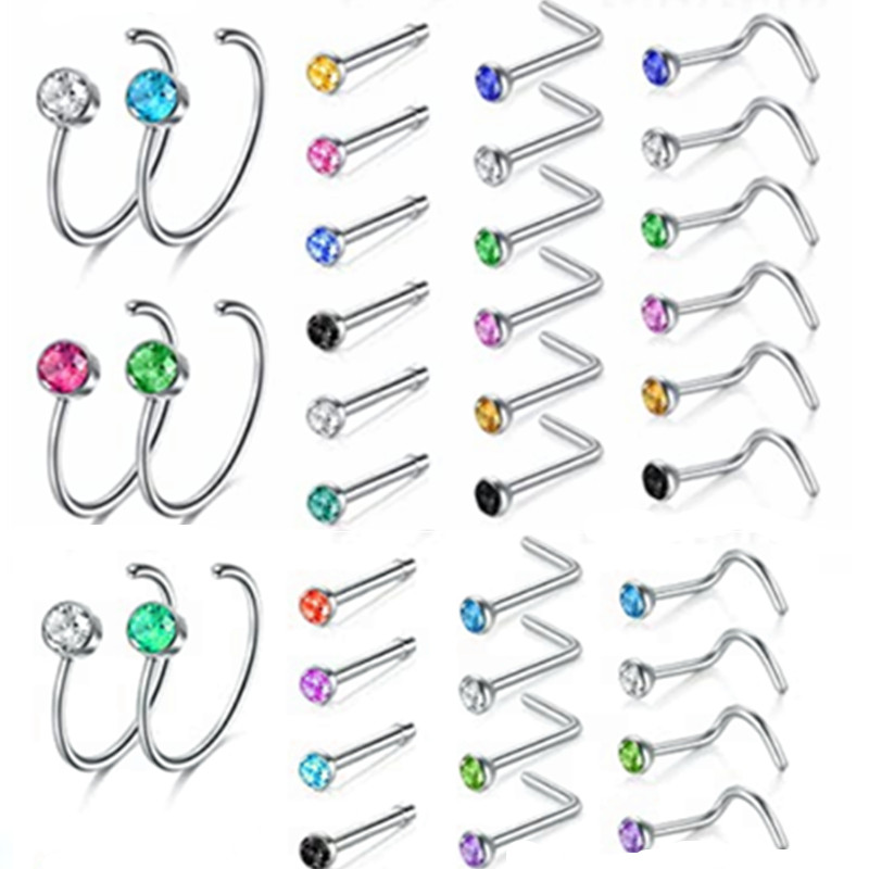 Juego de 5/10/20 piezas de perno de nariz en forma de L de acero inoxidable, conjunto de aro de anillo de nariz de cristal de 20G, Piercing de nariz de cristal indio, lote de Nariz a granel
