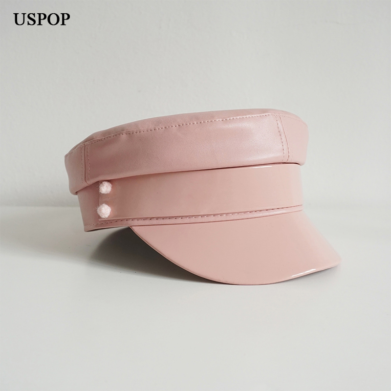 USPOP New Leather PU Newsboy caps Women Flat Visor Cap Solid Color Militray caps S M L