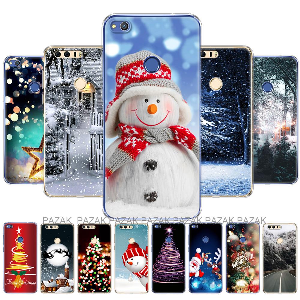 Untuk Huawei Honor 8 Lite Casing Penutup Ponsel Belakang untuk Honor 8 Silikon Lembut TPU Coque Bumper Musim Dingin Natal Pohon Salju Tahun Baru
