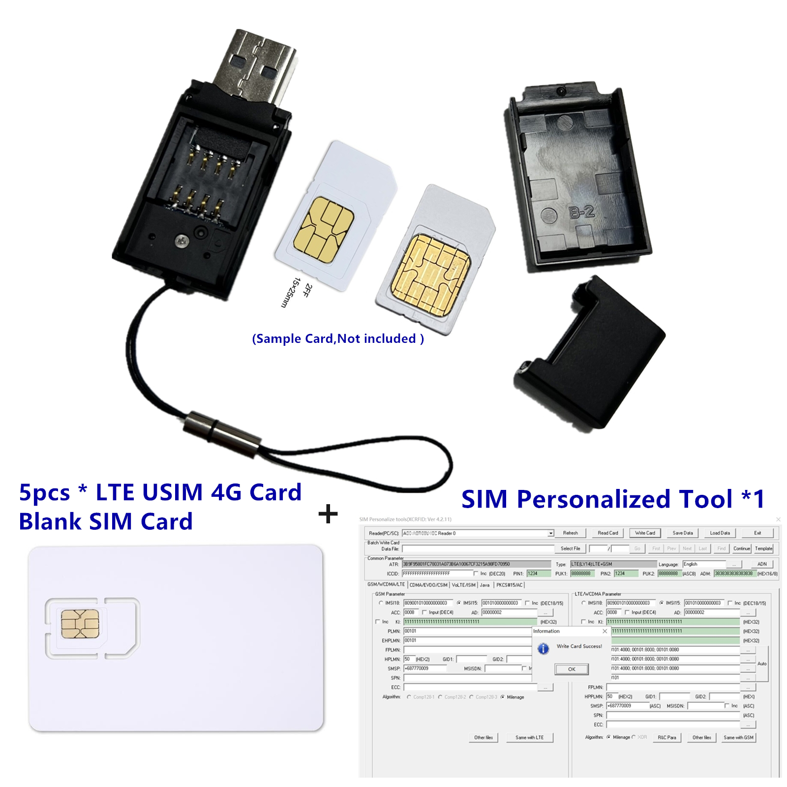LTE ICCID IMSI lector de tarjetas SIM programador 2FF 3FF 4FF 2G 3G 4G Writbale SIM + 5 uds tarjetas en blanco SIM + herramienta personalizada SIM