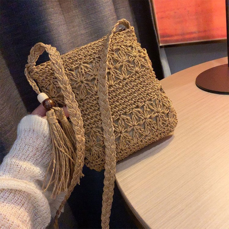 Frauen Strand Gewebt Stroh Schulter Umhängetasche mit Quaste Boho Aushöhlen Häkeln Crossbody Handtasche Macrame Kupplung Geldbörse mit
