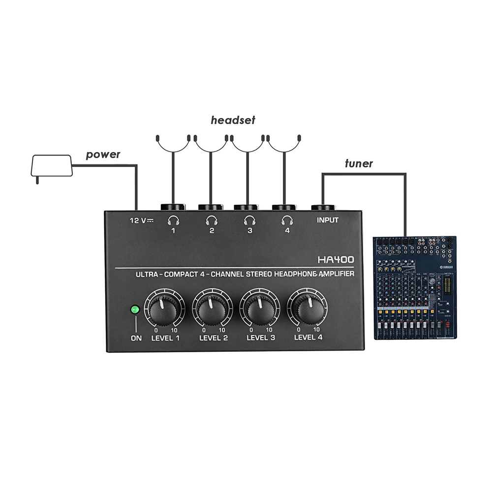 HA400 Ultrakompaktowy 4-kanałowy wzmacniacz słuchawkowy Wzmacniacz audio stereo z adapterem UE do nagrywania miksera muzycznego