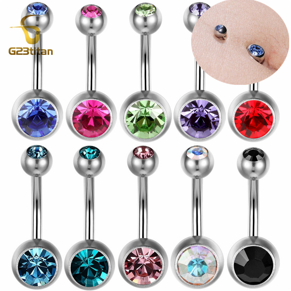 G23Titian 14G 8mm 10mm 12mm chirurgical titane Nombril anneaux Zircon Nombril barre corps Piercing bijoux Nombril Ombligo haltère