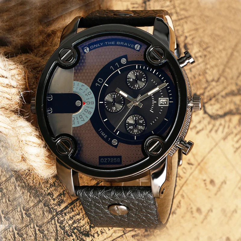 Reloj deportivo militar para Hombre, cronógrafo de cuarzo con esfera grande, correa de cuero, calendario completo, a la moda, 2020