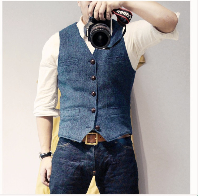 Chaleco de traje azul para hombre, chaqueta de mezclilla con una hilera de botones y mezcla de lana, ajustada, informal, Formal, de negocios