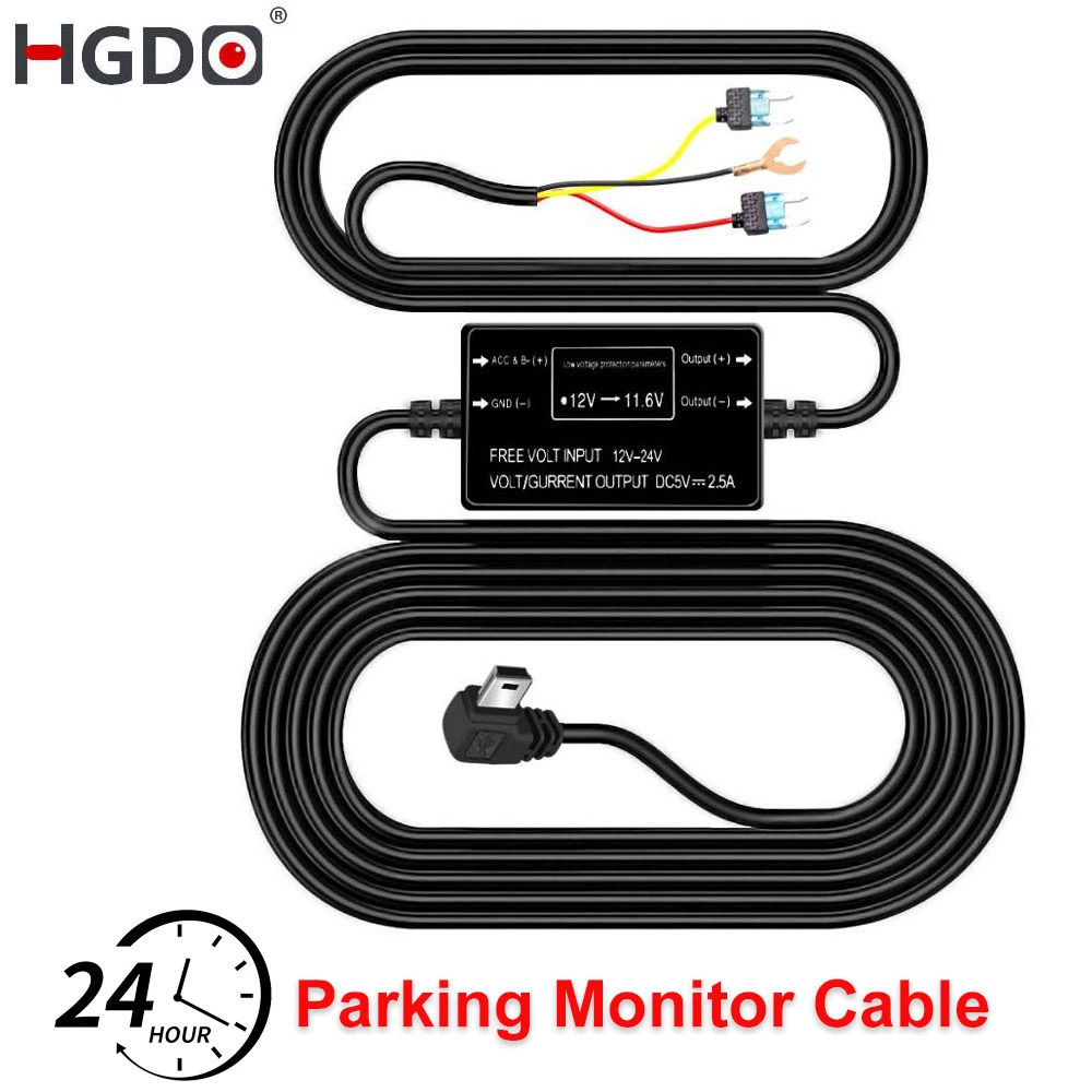 HGDO Dashcam-Hardwire-Kit, Mini-USB-Anschluss, DC 12/24V auf 5V Autoladegerät, 3A, 24H Parküberwachung, Buck-Line für DVRS GPS-Recorder