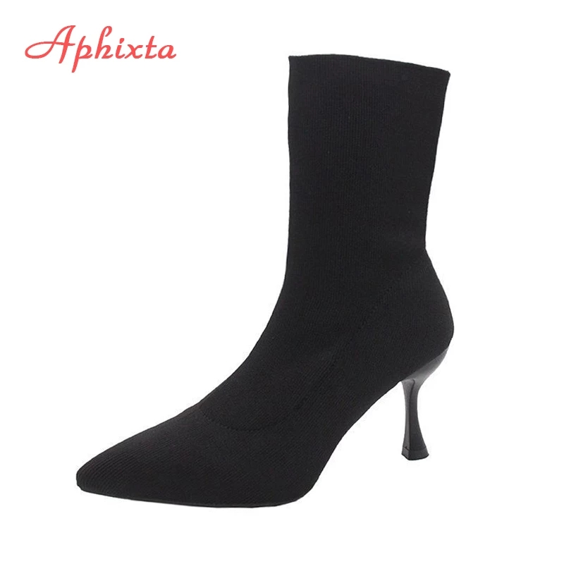 Aphixta-Stretch Meias Botas para Mulheres, Sapatos Pretos, Dedo Apontado, Tricô, Botas Elásticas, Elegante, 9cm, 7cm, 5cm