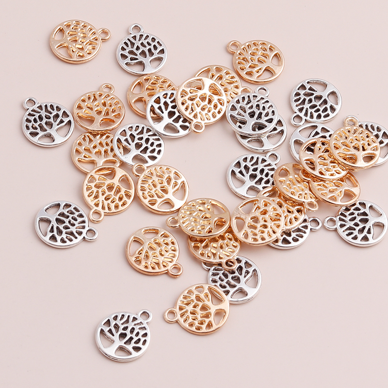 Leslie 50 pçs pequeno oco árvore da vida pingentes colares vintage antigo prata cor árvores encantos jóias 13x13mm acessórios