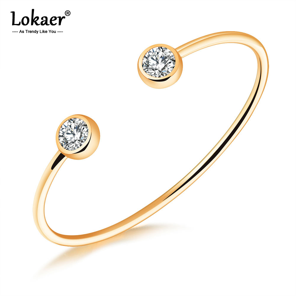 Lokaer Trendy Titan Edelstahl Offene Armreifen Für Frauen Mädchen Vergoldet Lünette Einstellung Zirkonia Manschette Armband B18094