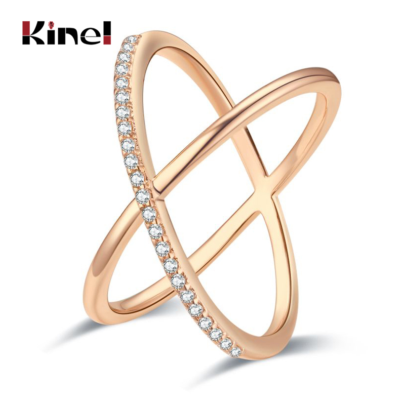 Kinel luxo natural zircão anéis para mulheres moda 585 rosa ouro geometria cruz anel vintage jóias de casamento presente de cristal