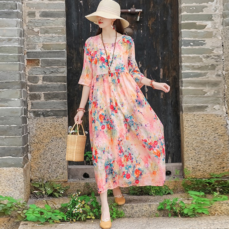 Kobiety bawełniana pościel na lato długa sukienka New Arrival 2021 styl Vintage kwiatowy Print luźne damskie A-line swobodne sukienki B629