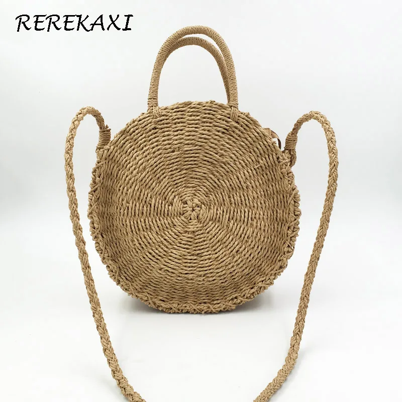 Handmade Rattan Weave Round Straw Bag Women's Handbag Bohemia Summer Beach Bag Knitted Shoulder Crossbody Bags Female Tote