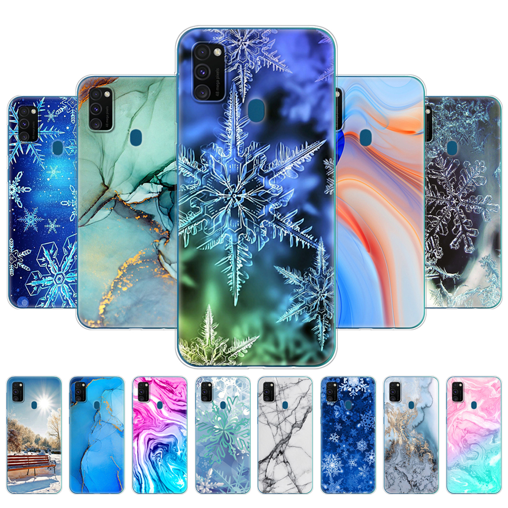 Untuk Samsung Galaxy M30s Casing Silikon Lembut TPU Belakang Penutup Ponsel untuk Samsung M30s SM-M307 Coque Marmer Serpihan Salju Musim Dingin Natal