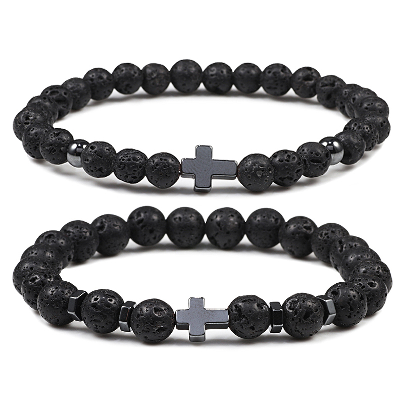 Pulsera de cuentas de oración para hombre y mujer, 6mm, 8mm, cruz de hematita caliente, cuentas de madera Natural, piedra de Lava, pulseras de meditación de ónix, joyería de Yoga