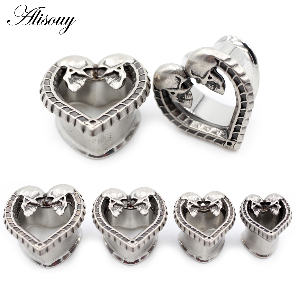 Alisouy 2 pièces 8-25mm acier inoxydable coeur amour crâne évasé oreille Tunnels bouchons extenseur civière boucles d'oreilles corps Piercing bijoux