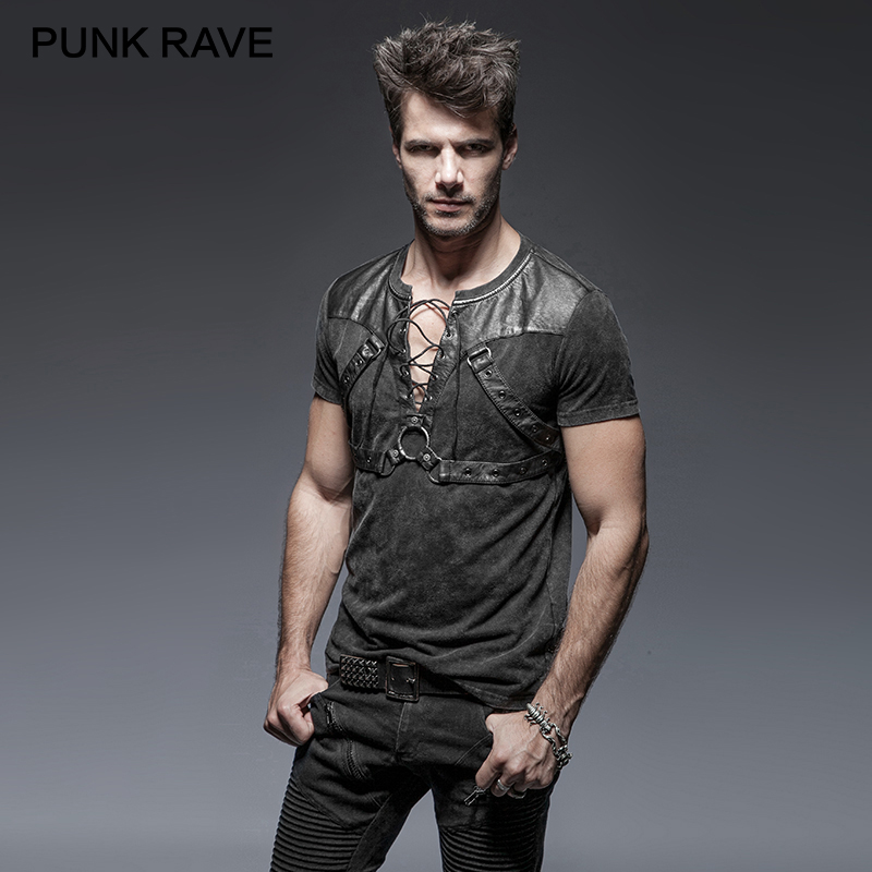 Punk Rave Steampunk Black Soilder Man Open Kraag Katoenen T-Shirt Met Korte Mouwen Heavy Metal Rock Top T-Shirts Vastgebonden Touw