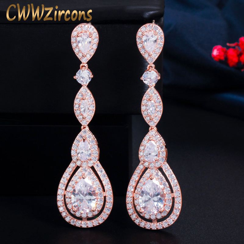 CWWZircons Rose GoldสีหรูหรายาวDangleน้ำDROP Elegant CZต่างหูสำหรับเจ้าสาวงานแต่งงานเครื่องประดับชุดCZ766