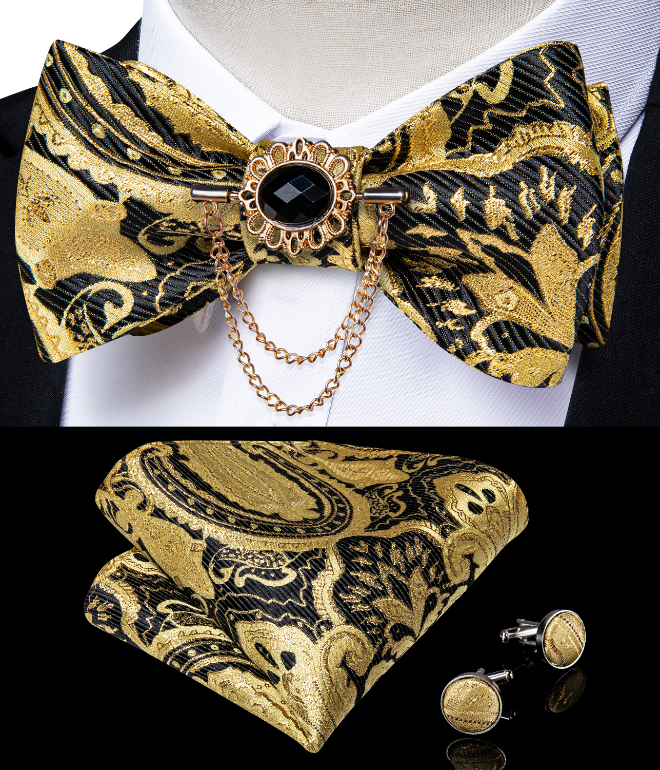 Set di Lusso con Papillon da Uomo Neri e Dorati con Motivo Paisley, Tessuto, da Annodare, per Matrimoni e Feste, con Fazzoletto da Taschino e Spilla per Smoking