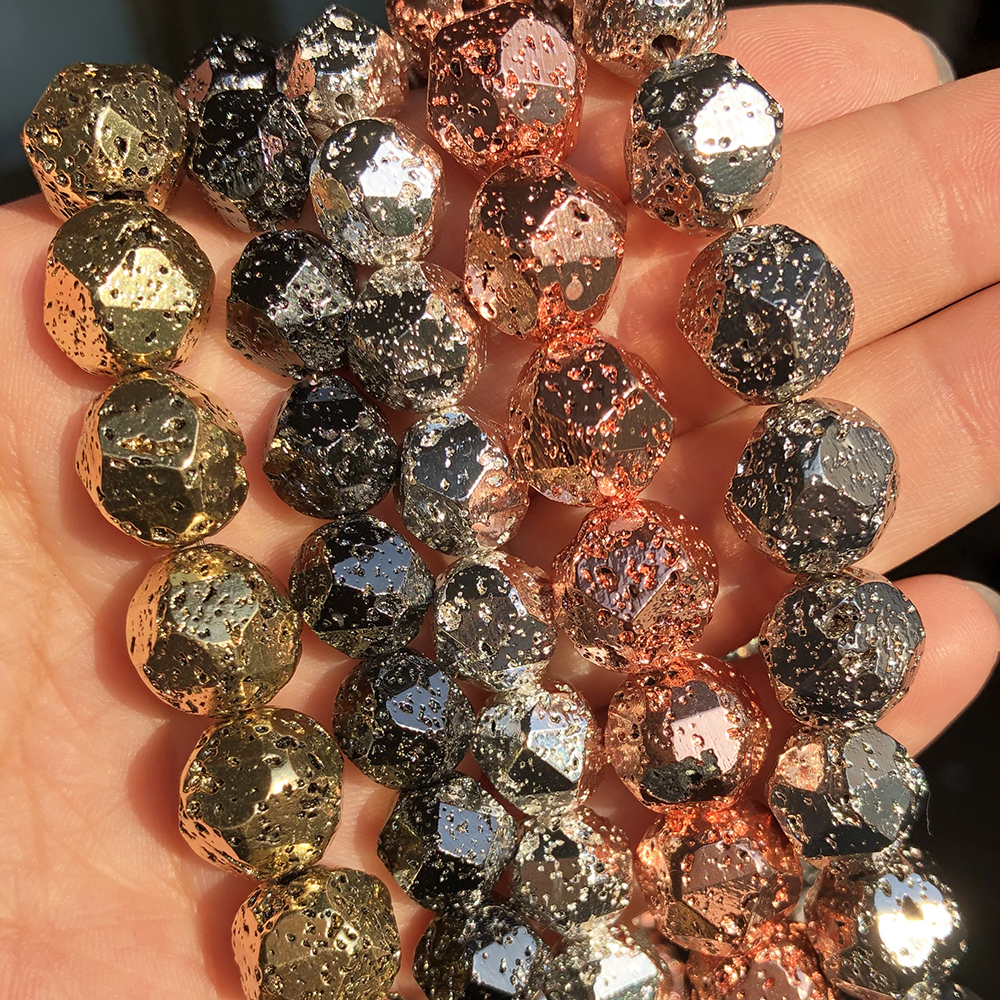 Cuentas de piedra de Lava volcánica facetadas, abalorios espaciadores sueltos chapados en Natural para la fabricación de joyas, abalorios de pulsera DIY de 15 pulgadas 6 8 10 12mm