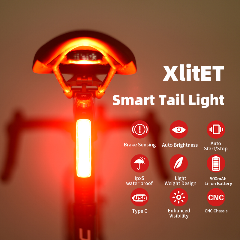 Enfitnix-enquêter arrière de vélo XlitET, démarrage et arrêt automatiques, feu arrière intelligent de vélo, chargement USB et type C, lumière de détection de frein étanche