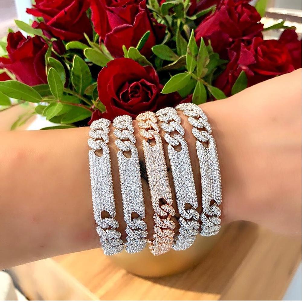 Micro Pave CZ Miami Cuban Link Chain CZ Bar Charm Iced Out Bling Women Girl CZ Bracelet High Quality