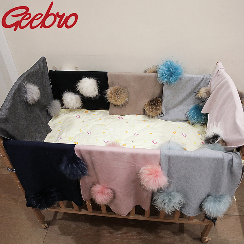 Geebro Selimut Lampin Wol Hangat Baru Lahir dengan Pompom Bulu Rakun Asli 15Cm Anak-anak Bayi Selimut Tempat Tidur Bepergian