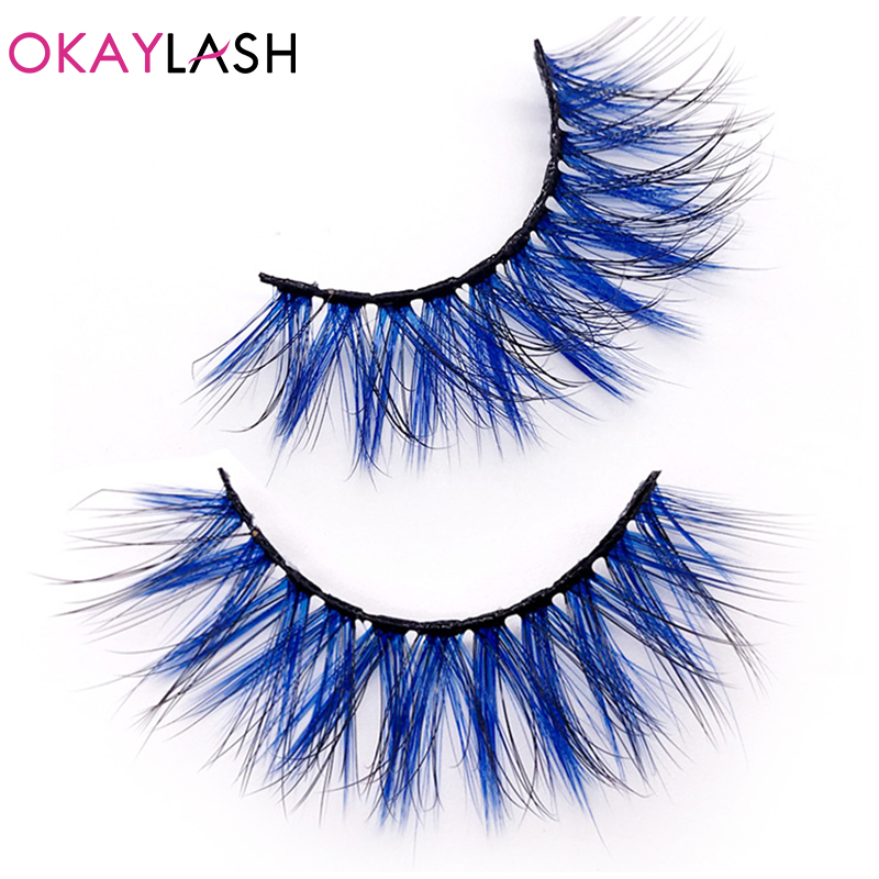 OKAYLspatule-Cils 3D en faux vison, sans cruauté, naturels, longs, colorés, bleu, pour cosplay, fête, maquillage