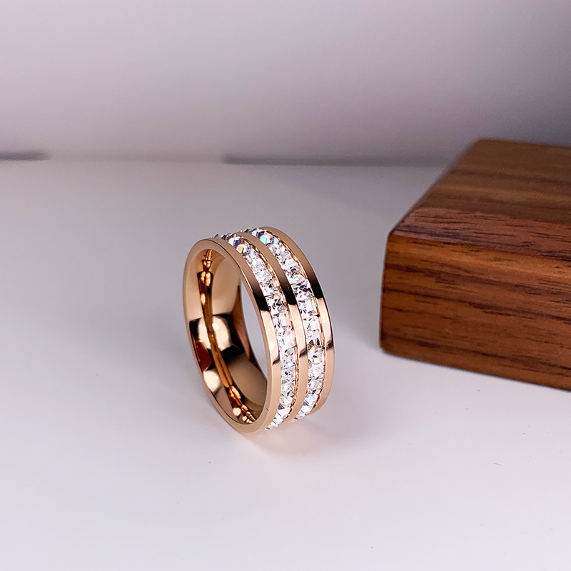 Luxo rosa cor de ouro fileira dupla quadrado zircão anel de aço inoxidável para mulheres noivado romântico festa de casamento jóias feminino