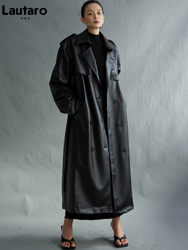 Lautaro outono extra longo oversized preto falso couro trench coat para mulheres cinto de manga longa duplo breasted solto moda 2021