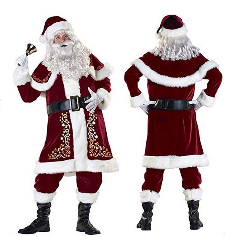Homem papai noel terno adulto natal cosplay traje vermelho deluxe veludo fantasia 8 pçs conjunto festa de natal família traje roupas