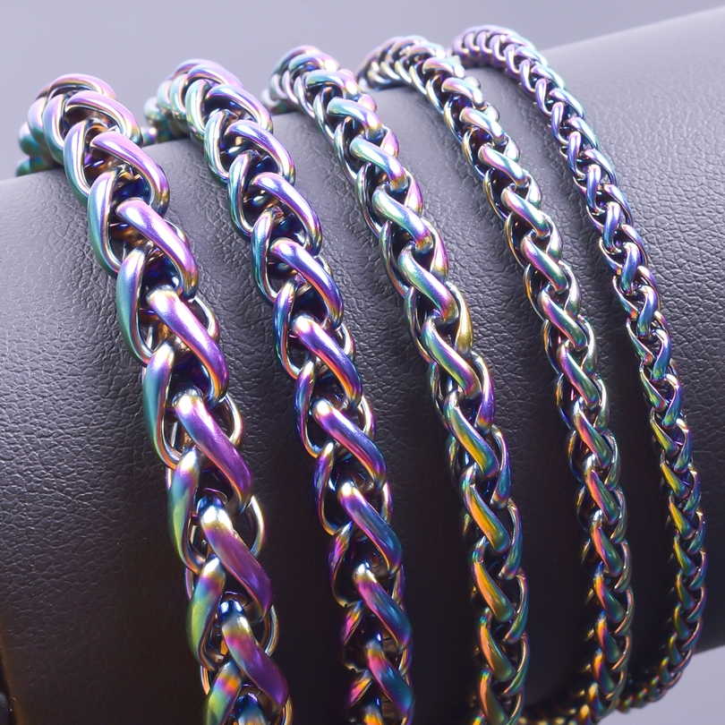 Collier en acier inoxydable pour femmes et hommes, largeur 3/4/5/6/7mm, chaîne à maillons autour du cou, décoration arc-en-ciel, couleur argent, colliers tendance