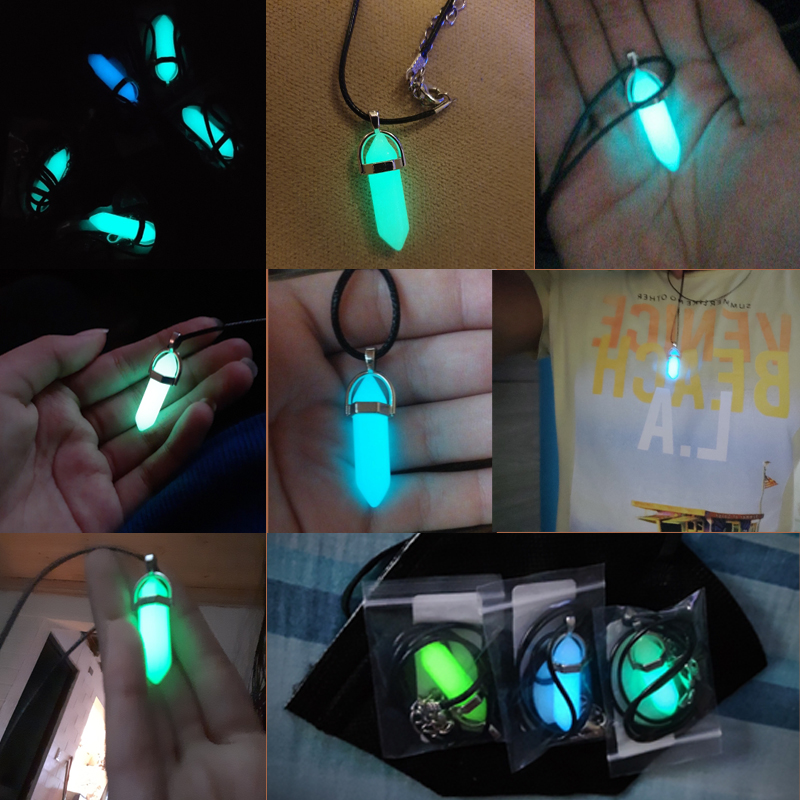 Dark Luminous หินเรืองแสงคอลัมน์หกเหลี่ยมสร้อยคอคริสตัลธรรมชาติเรืองแสงใน Bullet จี้หนังแฟชั่นเครื่องประดับของขวัญ