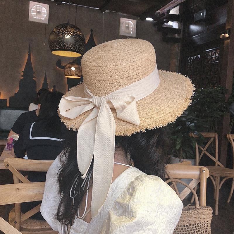 2022 Sommer Sonnenhut Bogen 100% Bast Hut Sonnenblende Frauen Sommer Panama Strohhüte Frauen Strand hut Sommer hut UV Blocking Hut