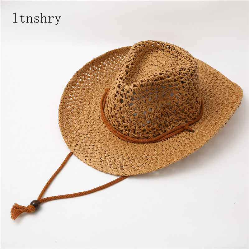 Nuovo cappello estivo cappelli Panama scava fuori cappello di paglia per uomo donna nastro in pelle tesa larga cappello da spiaggia cappello Jazz Fedora